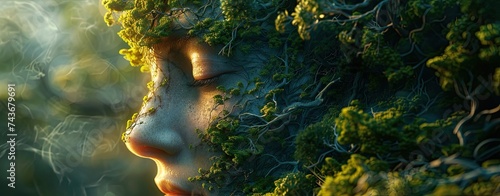 The face of a man covered with green moss. Earth Day. The concept of ecology