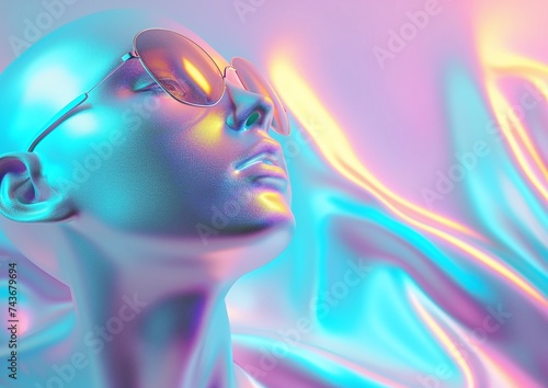 Holographic Mannequin With Sunglasses Against a Gradient Pink and Blue Background