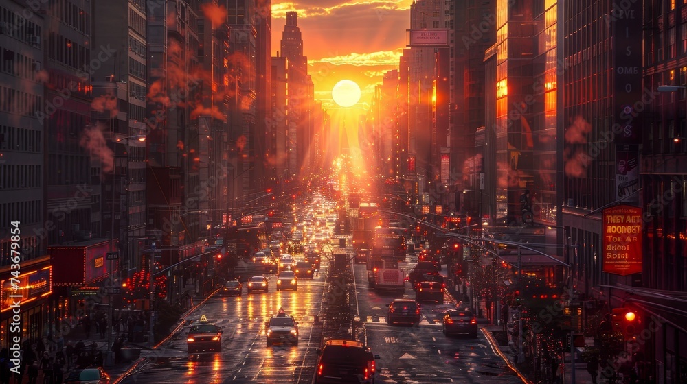 Showcase the energetic atmosphere of a cityscape during sunset, with bustling streets lit by the last rays of the sun