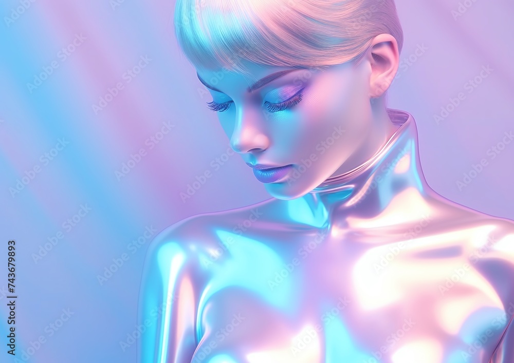 Holographic Fashion Model With Iridescent Outfit Against Gradient Background in Studio Setting