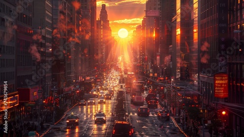 Showcase the energetic atmosphere of a cityscape during sunset  with bustling streets lit by the last rays of the sun