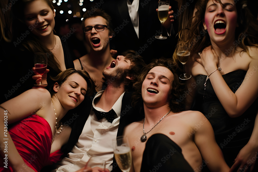 Ausgelassene Feier: Fröhliche Männer feiern ausgelassen bei einem Junggesellenabschied - obrazy, fototapety, plakaty 