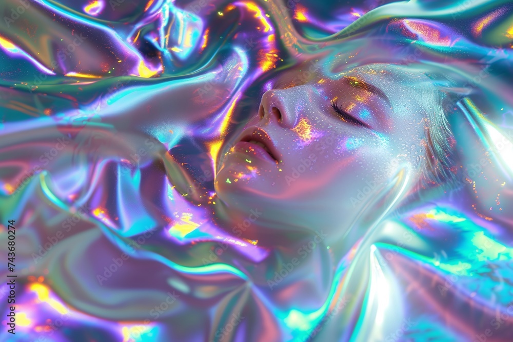 Obraz premium Holographic Water Woman Exuding Shimmering Light and Colors