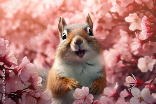 Curious Squirrel in a Sunny Spring Forest: Adorable Brown Fur Creature with Fluffy Tail and Cute Pink Ears, Exploring Nature's Beauty Among Blossoming Flowers and Green Trees on a Background of Wild