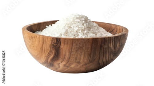 White rice in a wooden bowl, on transparent background, PNG format