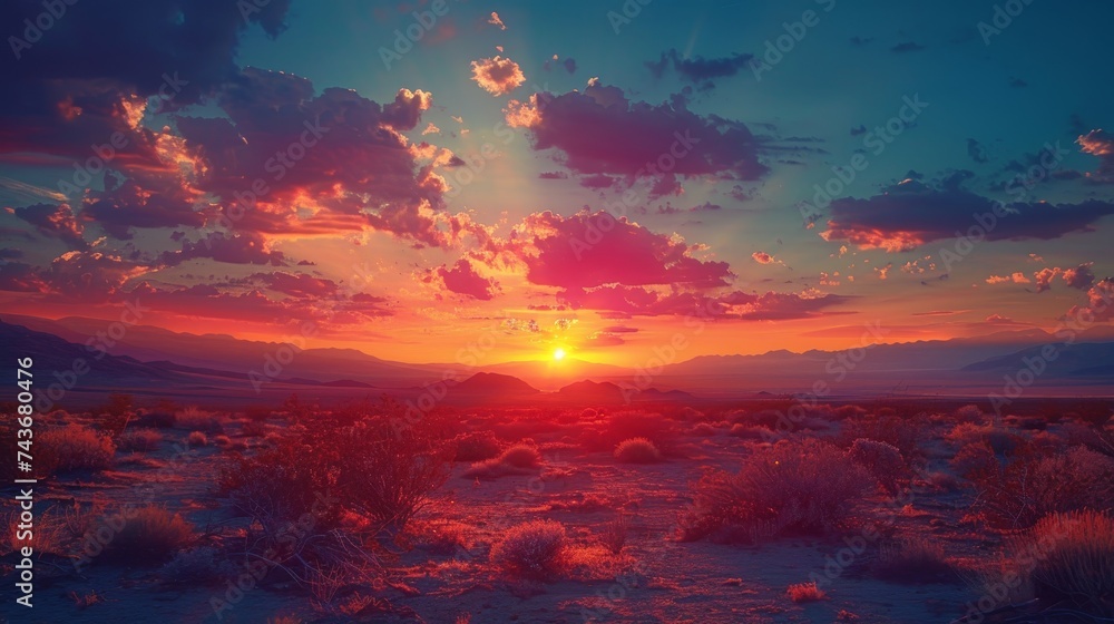 Visualize a tranquil desert sunset, where the sinking sun sets the sky ablaze with colors