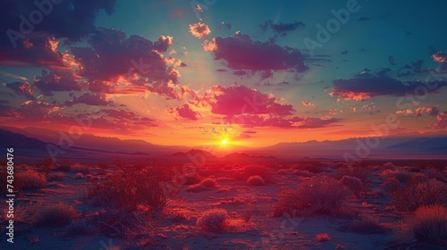 Visualize a tranquil desert sunset, where the sinking sun sets the sky ablaze with colors