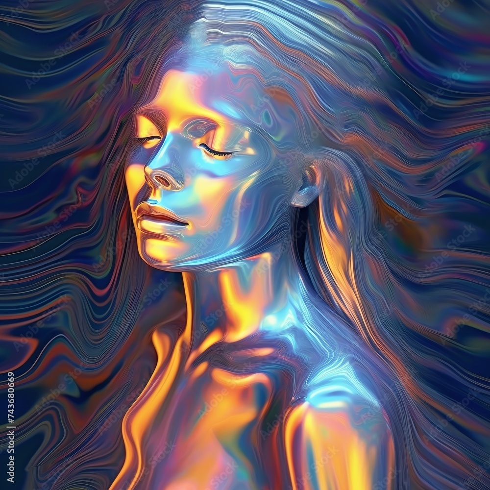Holographic Water Woman With Iridescent Patterns and Textures