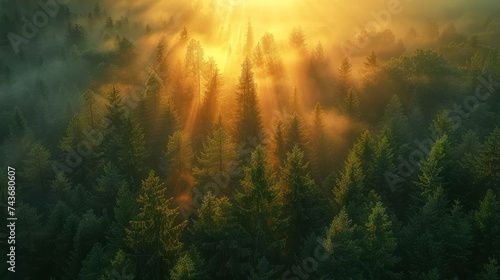Visualize an aerial view of a forest at sunset, where the golden hour illuminates a tapestry of trees © MAY