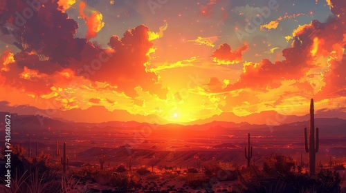 Visualize the stark beauty of a desert landscape at sunrise  with cacti silhouettes against the glowing sky
