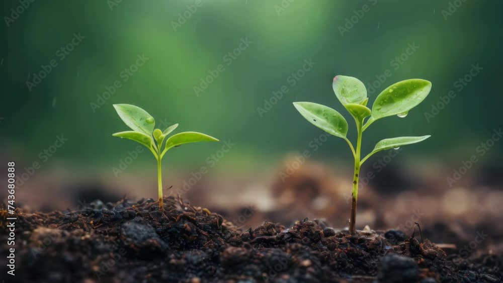 Two small plants emerging from soil Two small plants emerging from soil