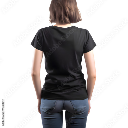 back view of woman in blank black t shirt isolated on white