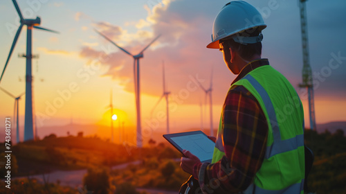 An engineer in a reflective vest and hardhat is inspecting a tablet with wind turbines in the background during sunset working on wind energy construction , Generative AI