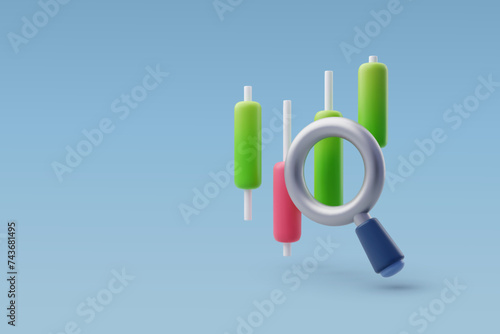 3d Vector Candle stick chart and magnifier search, Market trend analysis, Financial investment, Business and financial concept.