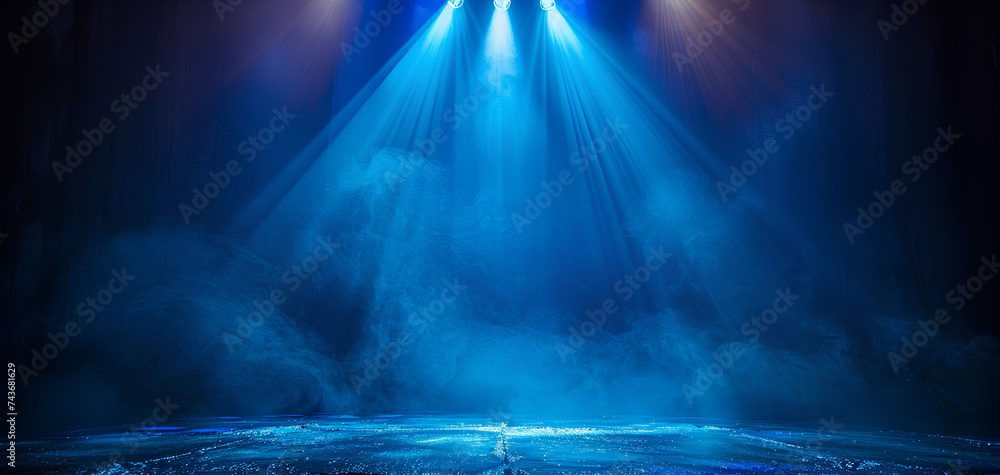 blue light artistic performances stage light background with spotlight entertainment show - obrazy, fototapety, plakaty 