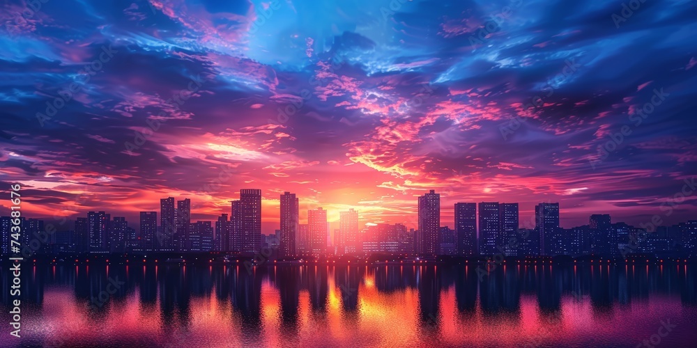 Captivating urban sunset view with vibrant skies and city silhouette