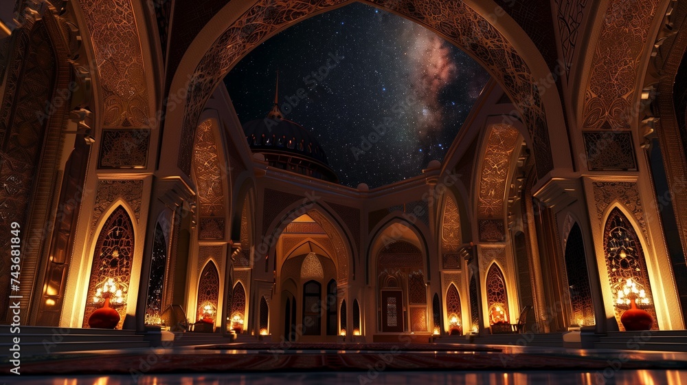 A grand mosque adorned with intricate patterns, glowing under a starlit sky. Eid Mubarak celebration.