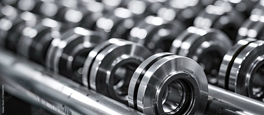 A detailed view of a line of precise metal objects, each resembling Deep Groove Ball Bearings used in machines for stability and efficiency. The focus is on the mechanical precision and industrial - obrazy, fototapety, plakaty 