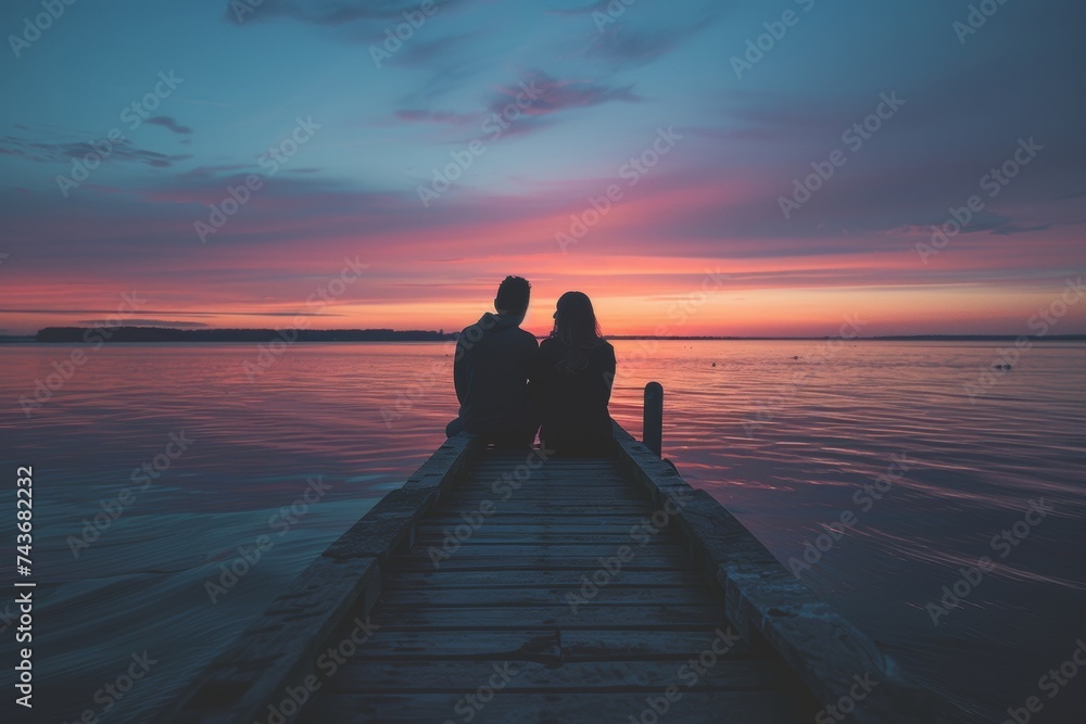 Couple sitting on a pier at sunset