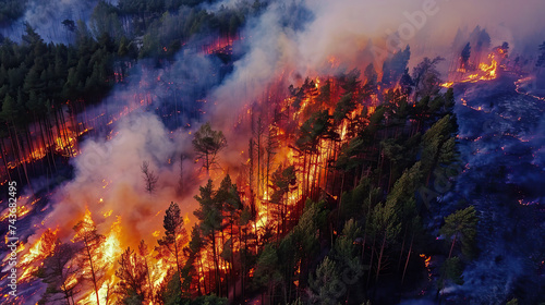 big scary forest fire, burning trees in the forest, top view