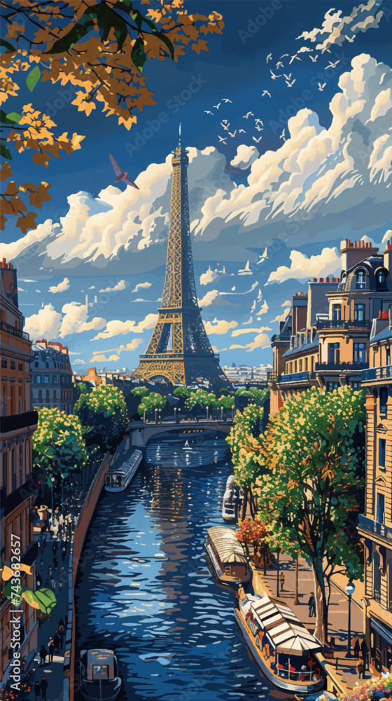 Fototapeta premium Paris scenic overview, vector illustration, vertical