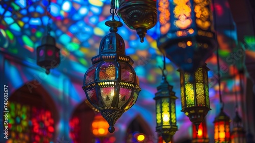 Luminous lanterns suspended from a ceiling, casting vibrant hues onto opulent Islamic tapestries. Eid festivities.