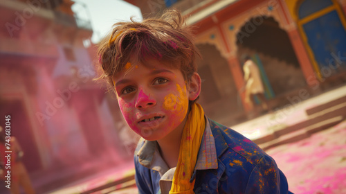 Amid the vibrant street of Delhi during the Holi festival, AI generated