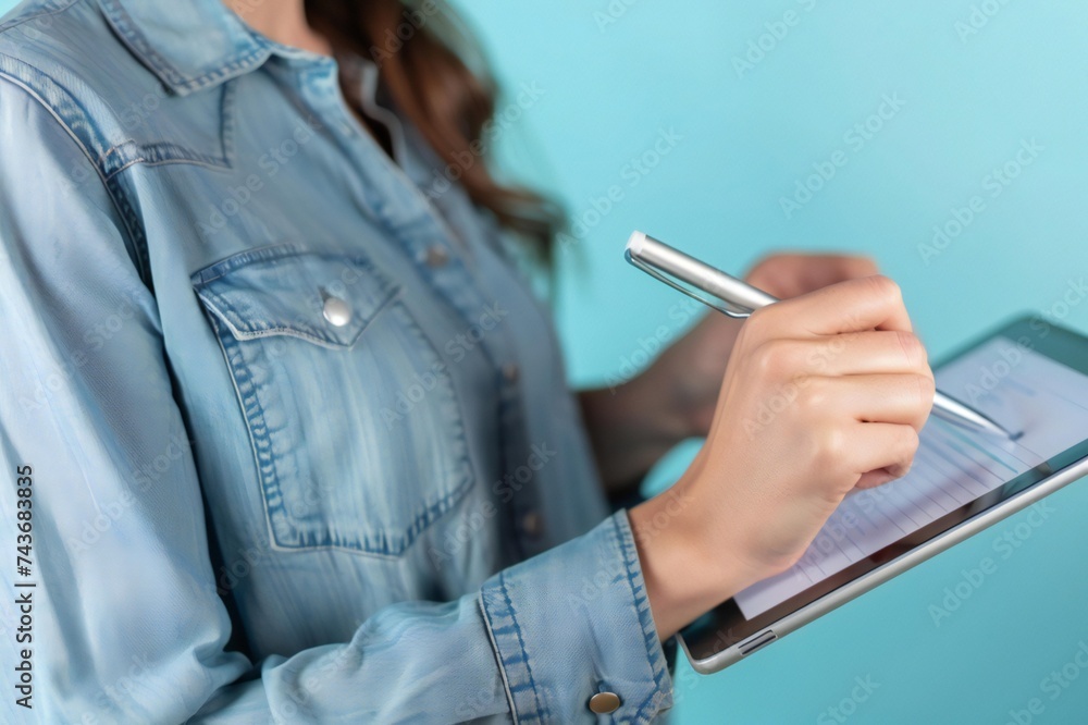 Woman filling out online survey form Woman filling out online survey form