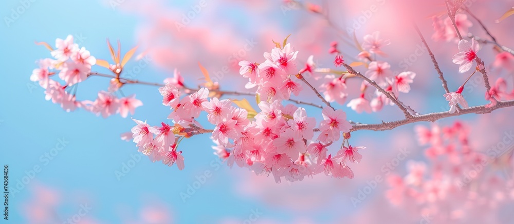 A photograph capturing the vibrant pink flowers of a blooming sakura branch against a backdrop of a clear blue sky. A photograph capturing the vibrant pink flowers of a blooming sakura branch against a backdrop of a clear blue sky.