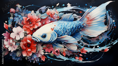 Ethereal Koi Fish Swimming in Floral Watercolor Dreamscape created with Generative AI technology