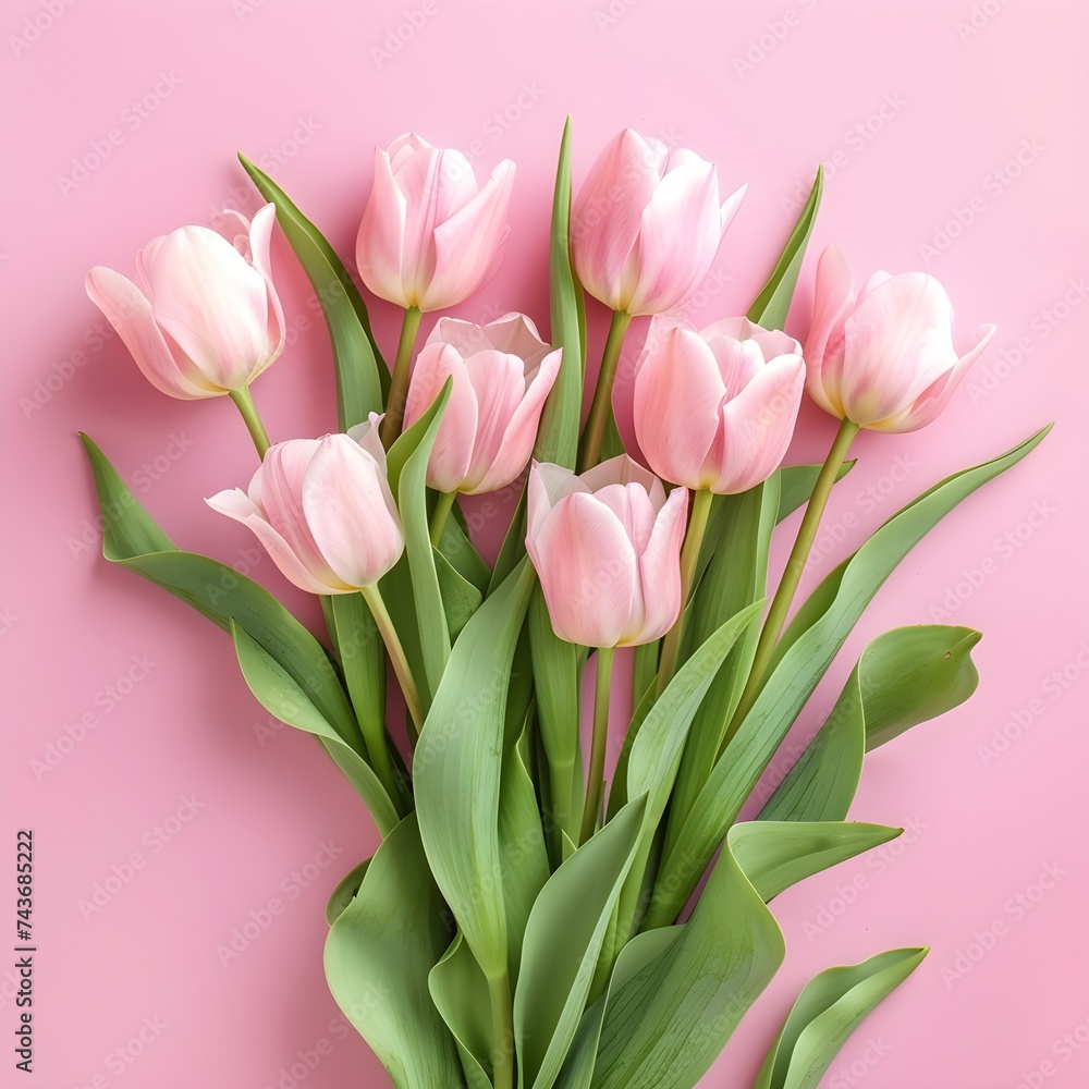 bouquet of pink tulips on a soft pink background, flat lay top view

