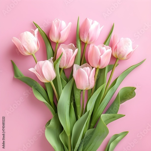 bouquet of pink tulips on a soft pink background  flat lay top view 