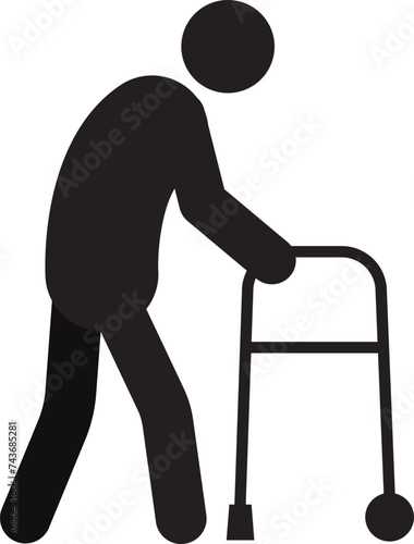 Old man going with walker silhouette icon. Grandfather with walking frame. Isolated vector illustration