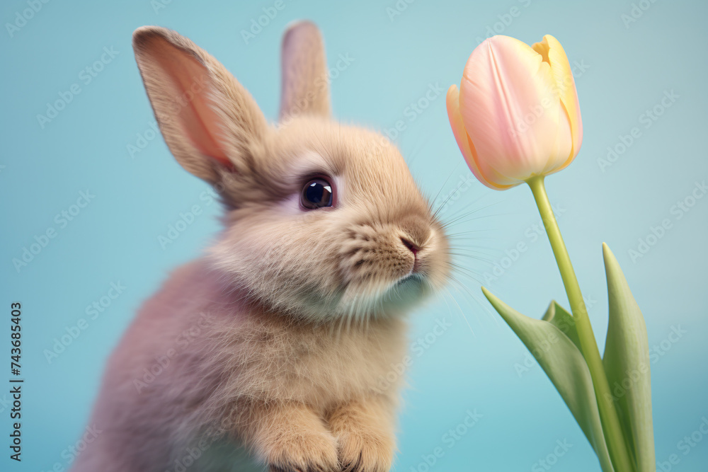 Fototapeta premium Cute bunny with pring Tulip flower on pastel blue studio background