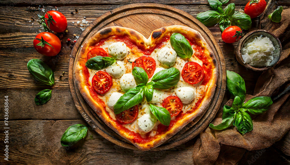 Heart shaped Margherita pizza with mozzarella and tomato slices and basil green leaves, on an old wooden cutting board, on an old wooden table. Table top view. Generative Ai.