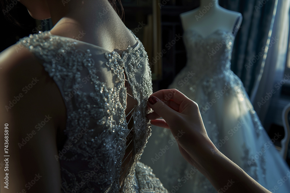 In an elegant tailor shop, a client undergoes a couture fitting for a custom gown, AI generated