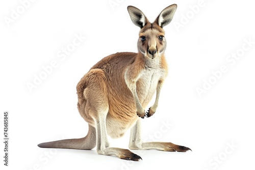 Majestic kangaroo standing tall on hind legs in front of plain white background