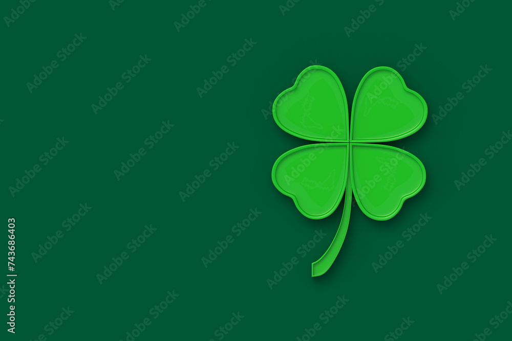 Clover with four leaves. St. Patrick's day. Good luck symbol. Top view. Copy space. 3d render