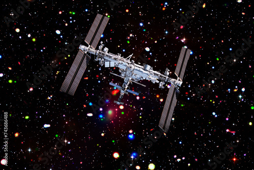Spaceship in space. Science theme. The elements of this image furnished by NASA.