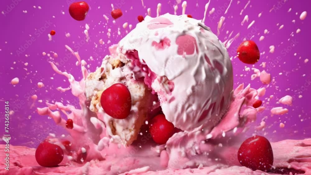 Delicious ice cream ball covered in pink icing and topped with cherries Delicious ice cream ball covered in pink icing and topped with cherries