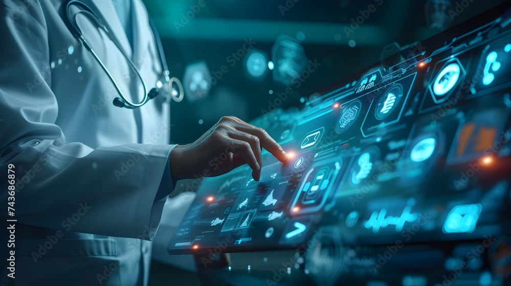 Fototapeta premium doctor using futuristic digital interface in medical setting