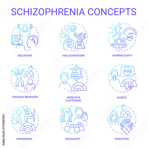 Schizophrenia disorder blue gradient concept icons. Icon pack. Vector images. Round shape illustrations for infographic, presentation, brochure, booklet, promotional material, article. Abstract idea