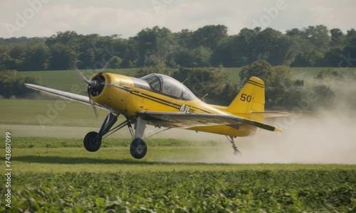 A crop duster applies chemicals to a field of vegetation