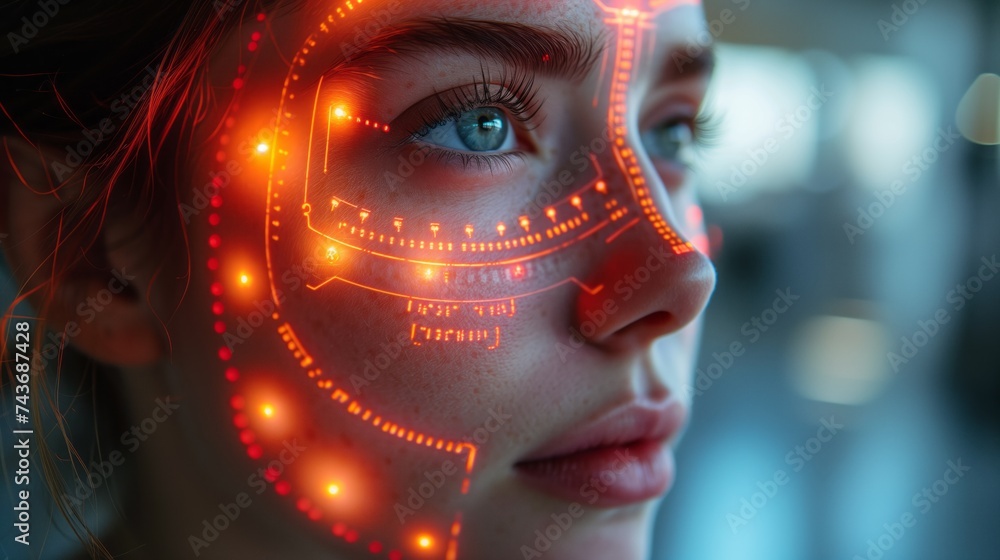 Young woman's profile with advanced facial recognition technology overlay, concept of AI and personal security