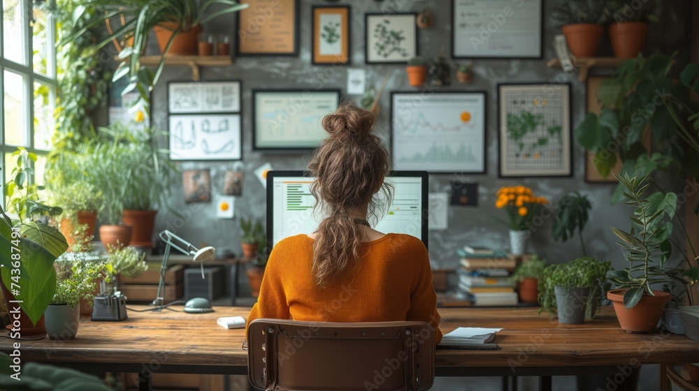 Freelancer working amidst indoor plants, a serene home office setup promoting productivity and well-being