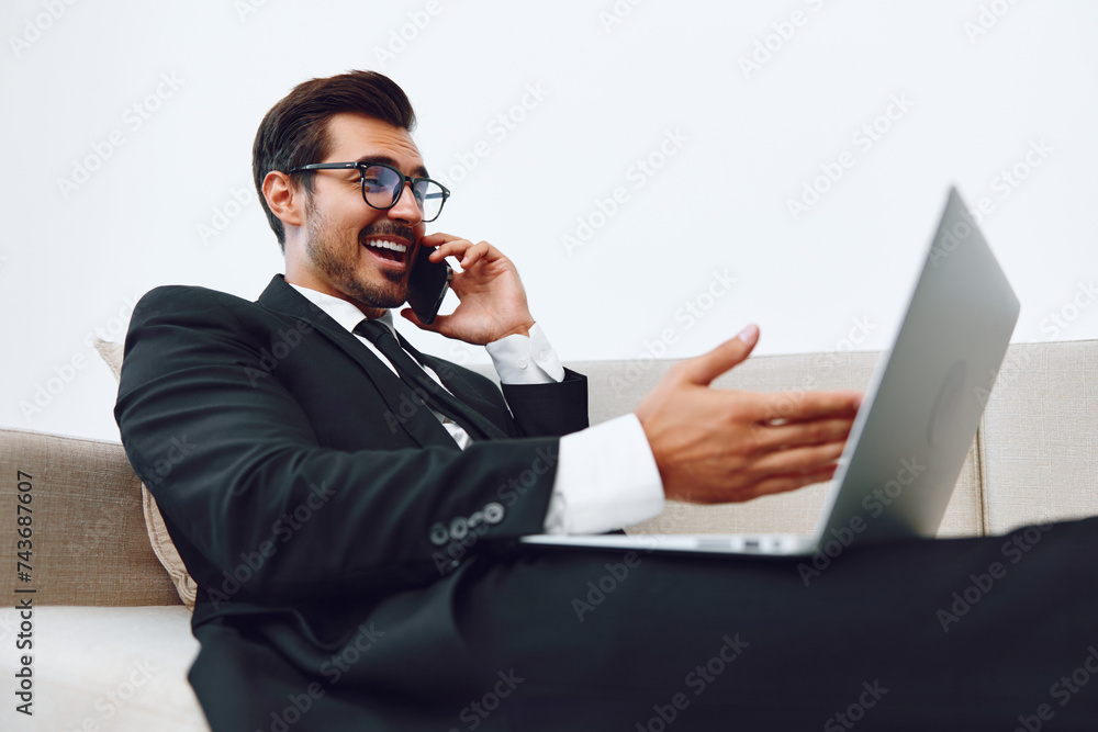 Man laptop office talk businessman phone Man laptop office talk businessman phone