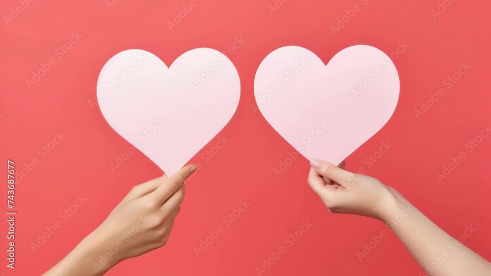 Two hands holding paper hearts against vibrant red backdrop Two hands holding paper hearts against vibrant red backdrop