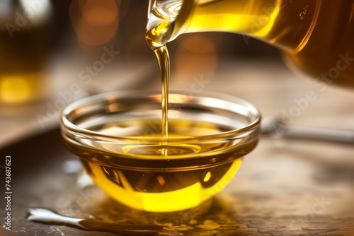 Pouring golden olive oil into a glass bowl, capturing the essence of Mediterranean cuisine and healthy cooking ingredients photo