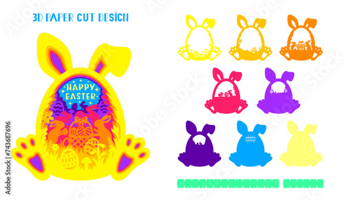 3D Easter Bunny Ears Shadow Box. Vector layered tunnel card. Cute rabbits with butterflies,flowers, eggs, basket. Template for paper cutting. Easter light box. Happy Easter phrase.