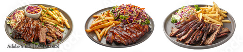 Juicy barbecue brisket served with golden fries and fresh coleslaw on a plate - Collection isolated on transparent background